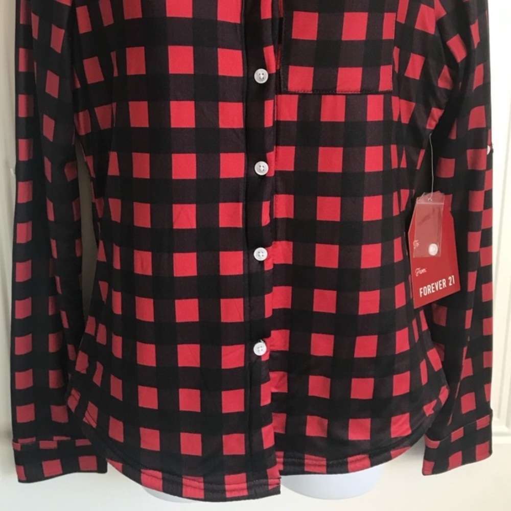 🔴 4/$15 Forever 21 Women’s S Red & Black Plaid Sherpa Lined Button Up Shirt NWT - Picture 9 of 16